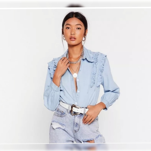 NWT Nasty Gal Chambray Ruffle Button Down - Picture 2 of 7